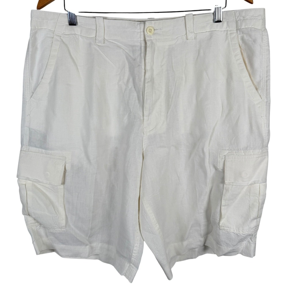Caribbean 100% Linen Cargo Shorts Mens 38 White Lightweight Utility Summer